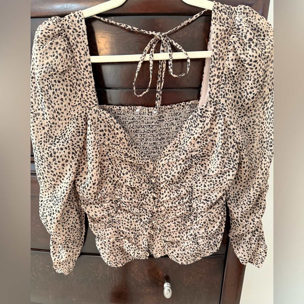 Free People Tan and Black Ruched Blouse